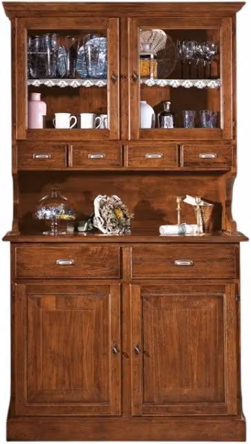 Cristalliera in legno massello stile arte povera con 4 porte in vetro e 6 cassetti Mobili 2G marrone L/P/H: 120 x 51 x 211 cm
