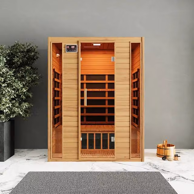 Sauna ad infrarossi Oulu in legno di Hemlock con radio integrata Parama, marrone e nero, L: 146 cm, P: 97 cm, H: 188 cm