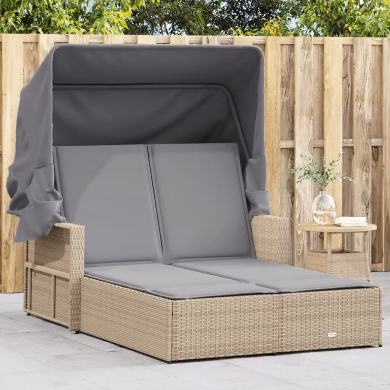 vidaXL Lettino Doppio con Baldacchino in Polyrattan Beige e Grigio con Cuscini e Tendalino