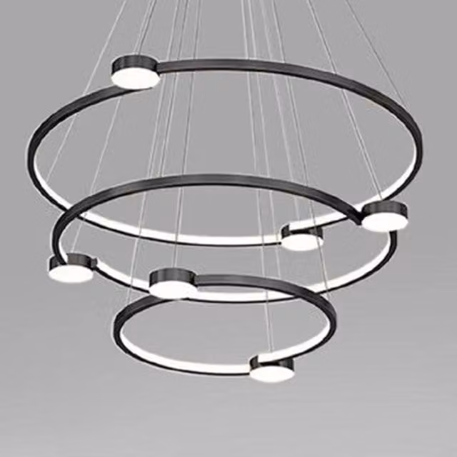 Trade Shop Lampadario a Sospensione LED Moderno con 3 Cerchi e Telecomando, Nero, 96W
