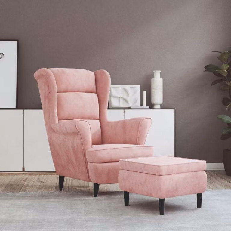 vidaXL Poltrona con Schienale ad Ala e Poggiapiedi in Velluto Rosa L: 96,5 cm, P: 78,0 cm, H: 90,0 cm