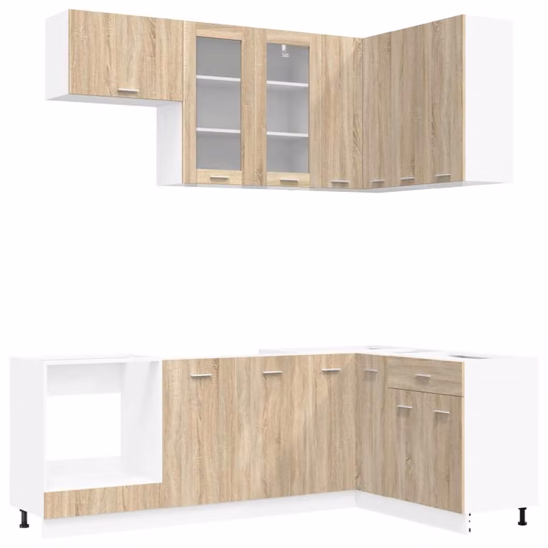 Unità cucina moderna vidaXL LYON composta da 8 pezzi in legno ingegnerizzato e rovere, con ante in vetro e ripiani interni, finitura opaca, colori marrone, grigio e bianco