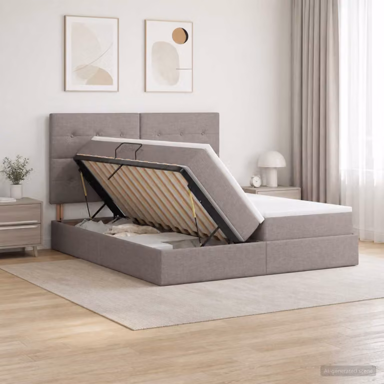 Letto con contenitore e testiera vidaXL in tessuto beige e grigio, L/P/H: 180 x 200 x 128 cm