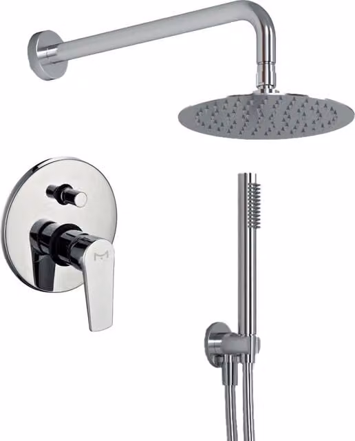 Kit doccia Ogomondo completo di soffione, doccetta, miscelatore con deviatore e colonna rigida in acciaio inox color argento cromato