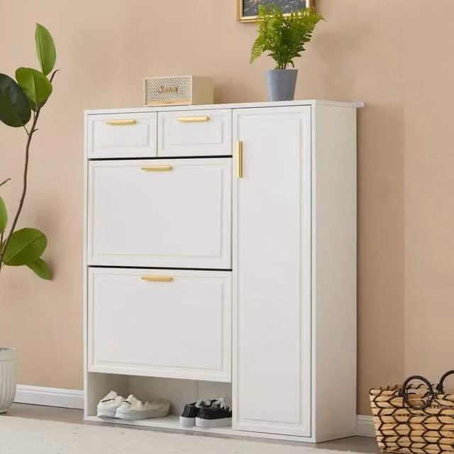 Scarpiera OKWISH bianca con ante a battente, cassetti e ripiani interni per ingresso e camera da letto, H: 107 cm, L: 95 cm, P: 35,9 cm