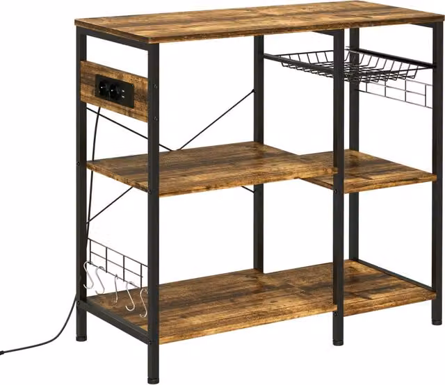 Scaffale da cucina XYLO marrone con presa elettrica, ripiani regolabili, ganci e cesta in metallo L 90 cm x P 40 cm x H 83 cm
