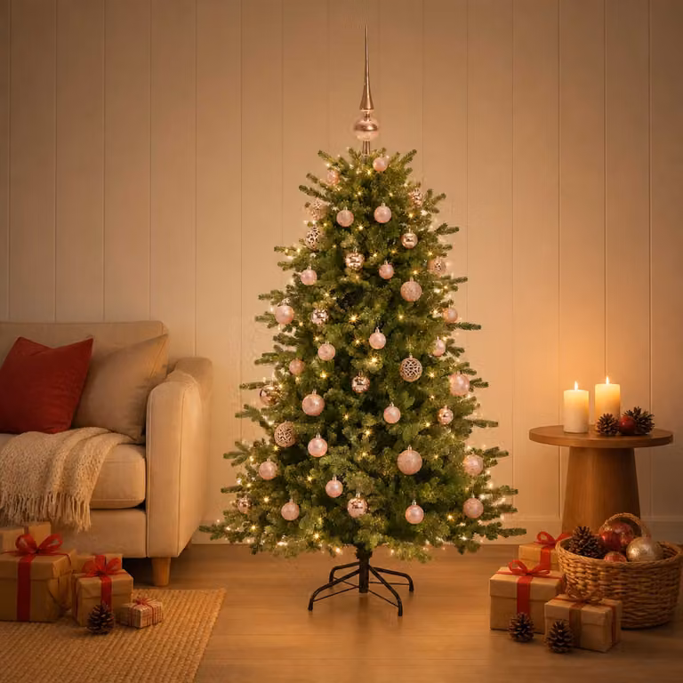 Albero di Natale artificiale verde vidaXL con 150 LED luce bianca calda e decorazioni, Altezza: 150 cm
