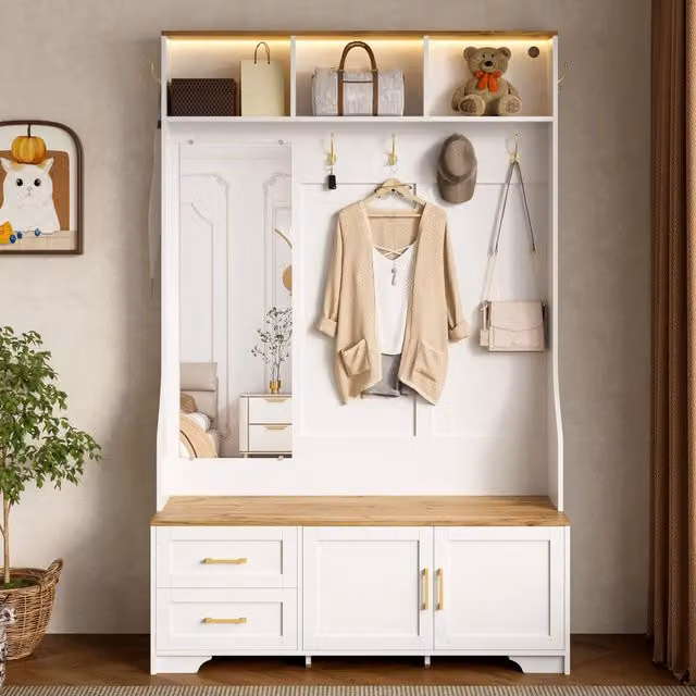 Mobile guardaroba moderno con LED, specchio e panca, in MDF e legno bianco e marrone, L: 120 cm, P: 40 cm, H: 187 cm