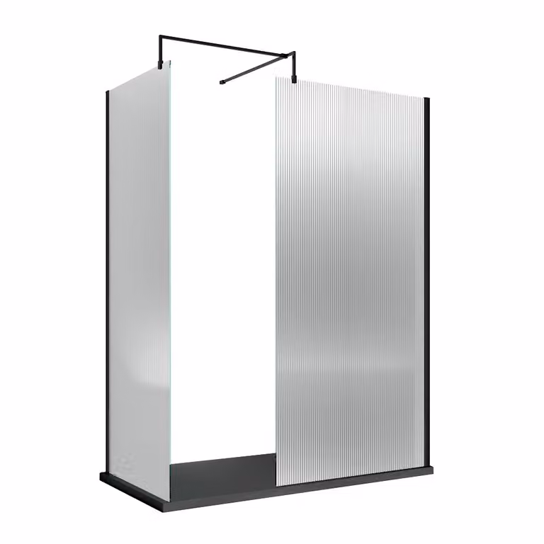 Box Doccia Walk In Hudson Reed in Vetro con Profilo Nero e Piatto Doccia Rettangolare Bianco L: 140 cm, P: 80 cm