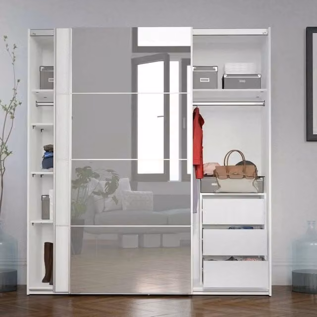 Armadio con ante scorrevoli DMORA per camera da letto, Bianco opaco, L: 182 cm, P: 64 cm, H: 201,5 cm