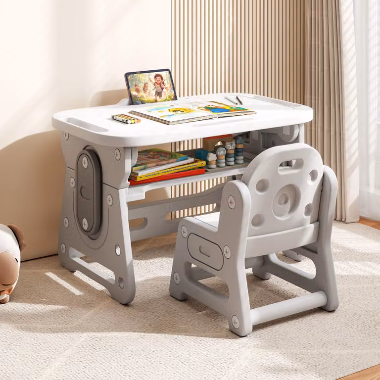 Set tavolo e sedia per bambini Costway con piano inclinabile e altezza regolabile, Grigio
