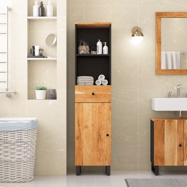 Mobile da bagno vidaXL in legno di acacia marrone con ante e ripiani, L: 38 cm, P: 33 cm, H: 160 cm