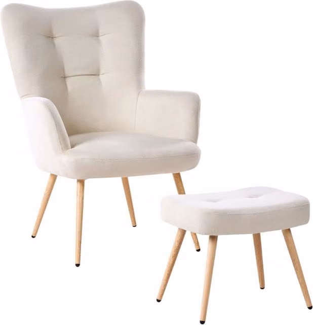 Poltrona Beliani in tessuto beige con poggiapiedi in stile retrò