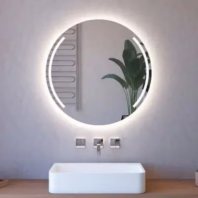 Specchio da bagno rotondo con illuminazione LED perimetrale e doppia sabbiatura ad arco, diametro: 75 cm, colore bianco