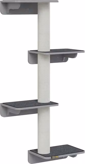 Tiragraffi da parete PawHut per gatti con 4 piattaforme e pali in sisal, Altezza: 137 cm, Grigio e Beige