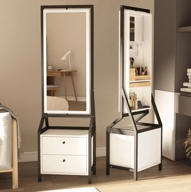 Armadio portagioie moderno bianco con specchio a figura intera e cassetti interni in legno e metallo