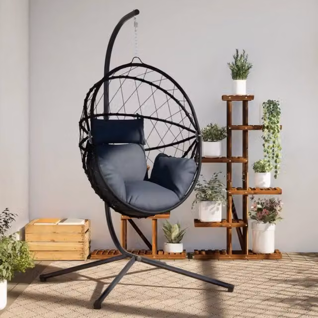 Sedia a Uovo Sospesa vidaXL con Supporto in Acciaio Antracite e Polyrattan, Completa di Cuscini in Tessuto Resistente ai Raggi UV, H 197 x L 104 x P 100 cm
