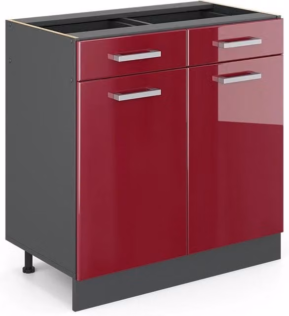 Mobiletto base per cucina Vicco R-Line Rosso lucido e Antracite con ante e cassetti senza piano di lavoro