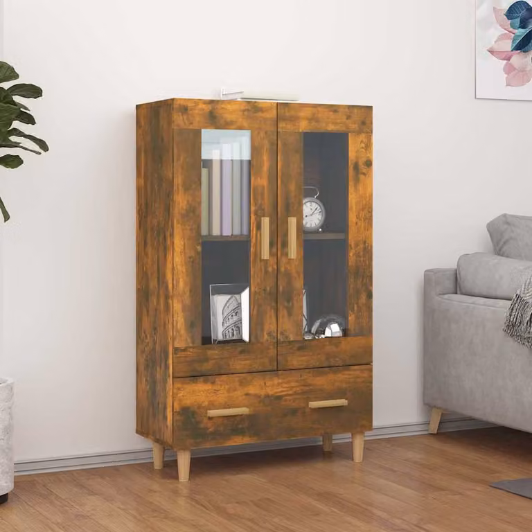 Credenza moderna vidaXL in legno multistrato color rovere fumo con dettagli in vetro, L 70 cm x P 31 cm x H 115 cm