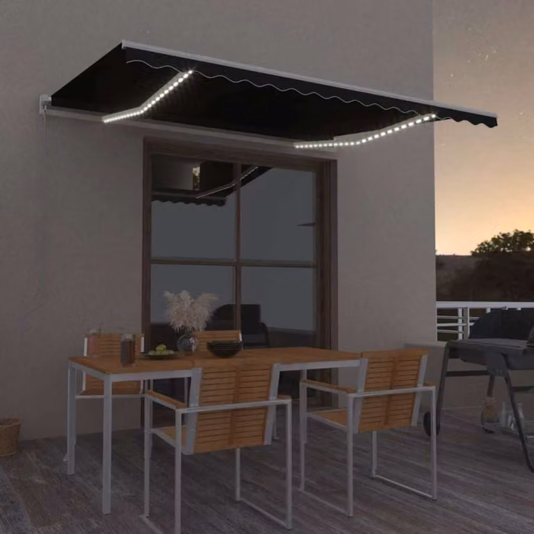 vidaXL Tenda da Sole Retrattile Manuale con LED in Alluminio e Poliestere, L: 400 cm, P: 300 cm, Colore Antracite