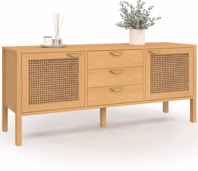 Credenza bassa EDHEN IDMarket in legno e vimini, colore marrone e beige, con 2 ante e 3 cassetti
