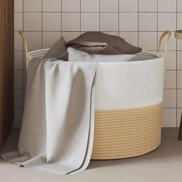 Cestino portaoggetti vidaXL in tessuto beige e bianco con maniglie e trama aperta Ø51 x 33 cm