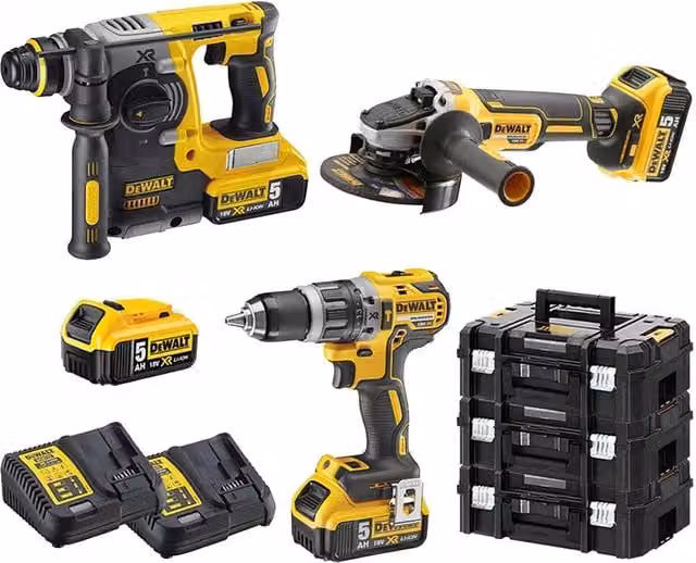 Kit DeWalt 18V con Avvitatore, Tassellatore SDS Plus e Smerigliatrice da 125mm Giallo
