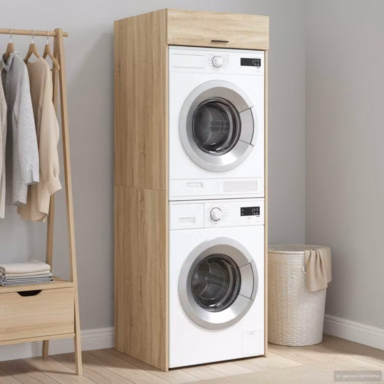 vidaXL Mobiletto per lavatrice moderno in MDF Rovere Sonoma e Nero, L: 67,5 cm, P: 68 cm, H: 200 cm
