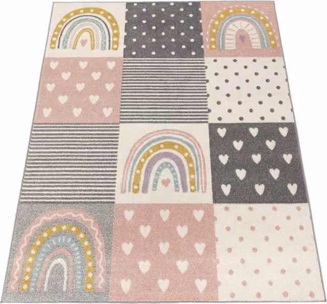 Tappeto per bambini Ninique a pois rosa, grigio e bianco, 133 x 133 cm