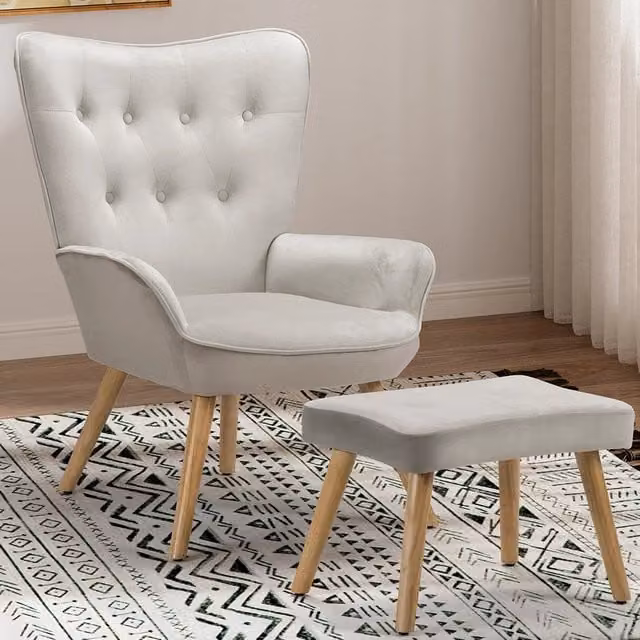 Poltrona Lounge in Velluto Grigio con Poggiapiedi Integrato e Gambe in Legno e Metallo in Stile Scandinavo Giordanoshop