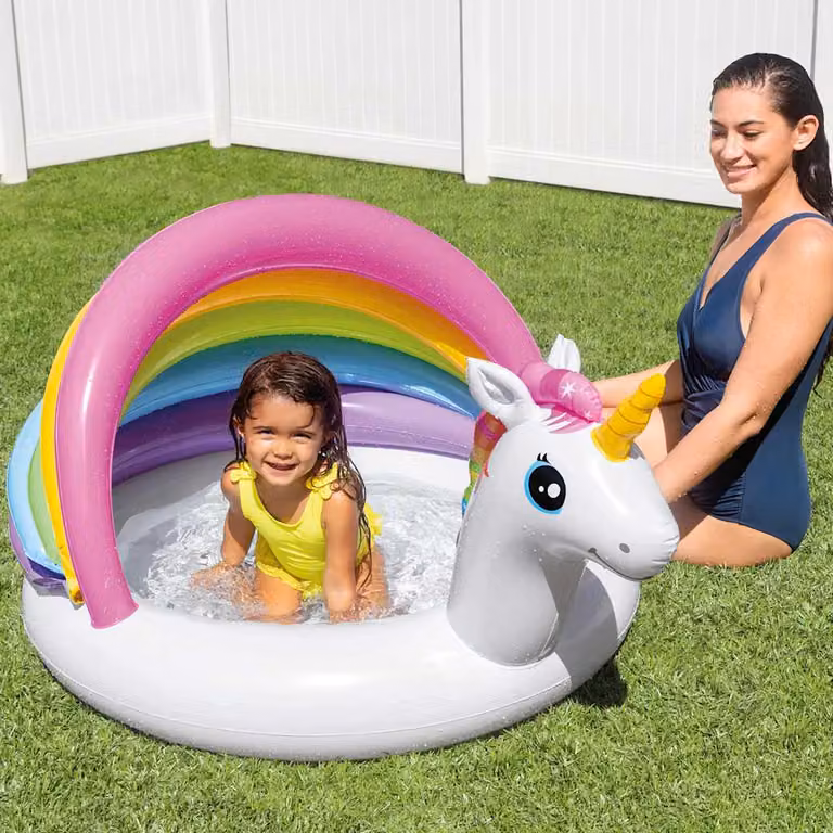 Piscina gonfiabile per bambini Intex Unicorno multicolore con canopy e fondo gonfiabile L: 127 cm, P: 102 cm, H: 69 cm