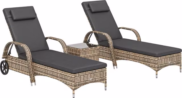 Set di 2 lettini prendisole Outsunny in polyrattan grigio antracite con poggiatesta regolabile, ruote e tavolino con vetro temperato