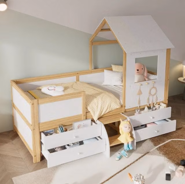 Letto a casetta per bambini Beaok in legno di pino bianco con 4 cassetti e scaletta L/P/H: 204 x 90 x 160 cm