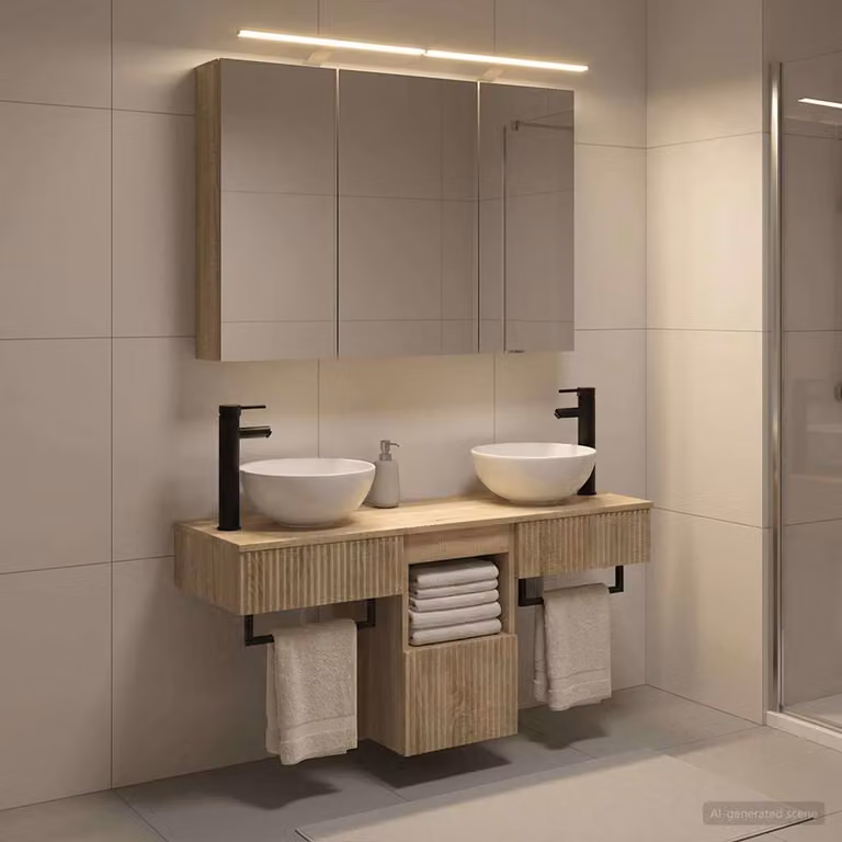 Set di mobili da bagno moderno vidaXL in legno MDF color rovere marrone con armadietti a specchio con illuminazione LED e mobile lavabo a parete