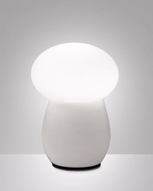Lampada da tavolo Freddy Fabas in vetro soffiato bianco con attacco E27 40W e design moderno
