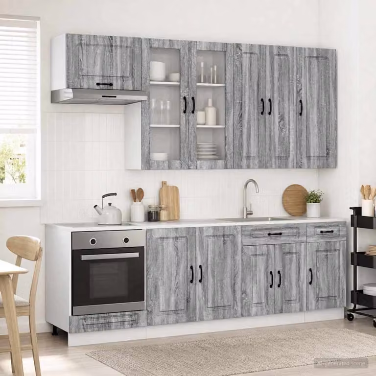 Unità cucina moderna vidaXL KALMAR composta da 8 pezzi in legno ingegnerizzato color grigio e Sonoma con ante in vetro