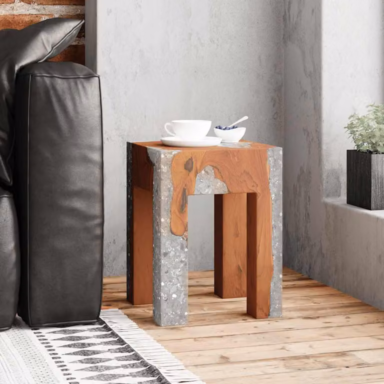 Sgabello vidaXL in legno massello di teak e resina con design astratto multicolore L/P/H: 40 x 40 x 30 cm
