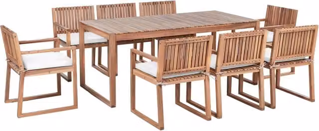 Set da pranzo da giardino BELIANI in legno di acacia certificato FSC con tavolo rettangolare e 8 sedie con cuscini bianchi, stile rustico