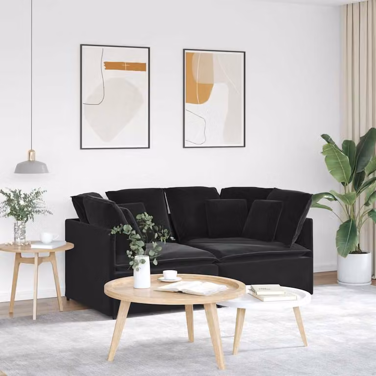 vidaXL Divano Modulare a L in Velluto Nero con Cuscini e Struttura in Metallo e Legno