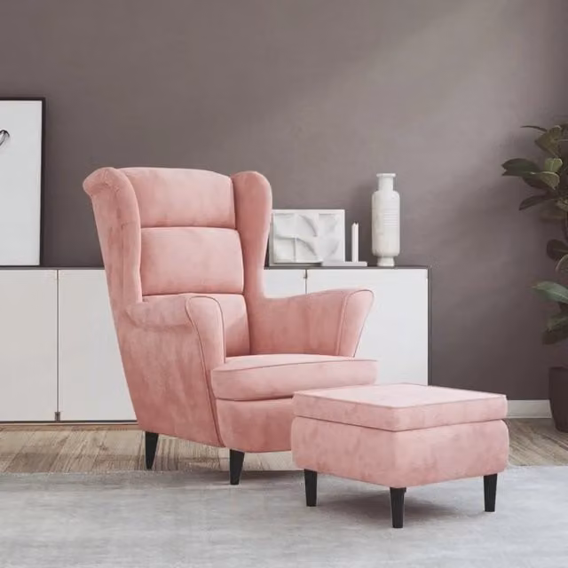 Poltrona con Schienale ad Ala e Poggiapiedi vidaXL in Velluto Rosa con Struttura in Legno e Imbottitura in Schiuma L: 96,5 cm, P: 78 cm, H: 90 cm