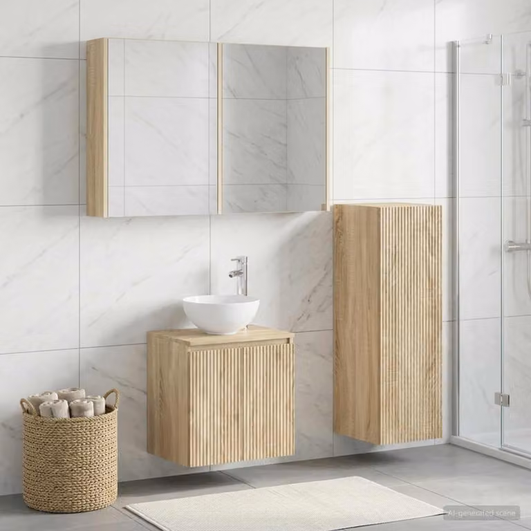 Set di mobili per il bagno moderno vidaXL in 4 pezzi marrone con illuminazione LED e specchio