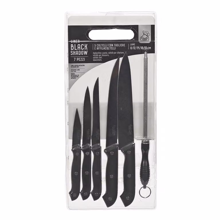 Set di coltelli Gusto Casa Linea Black Shadow con tagliere in polipropilene e affilatore, 7 pezzi in acciaio inox, nero