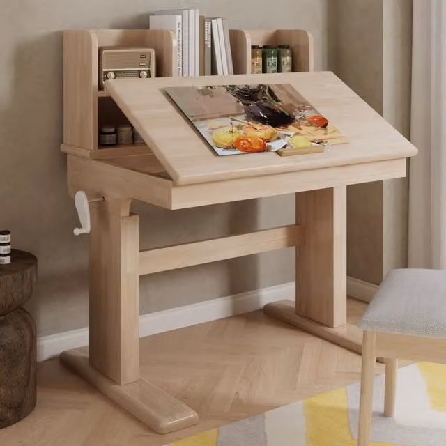 Scrivania per bambini WISHDOR in legno beige, regolabile in altezza con piano inclinabile e design scandinavo