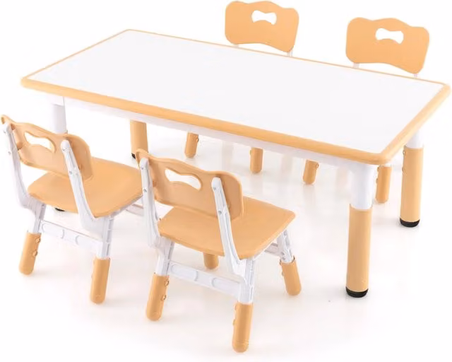 Set tavolo e 4 sedie per bambini con scrivania regolabile in altezza e piano per graffiti, colore beige e bianco
