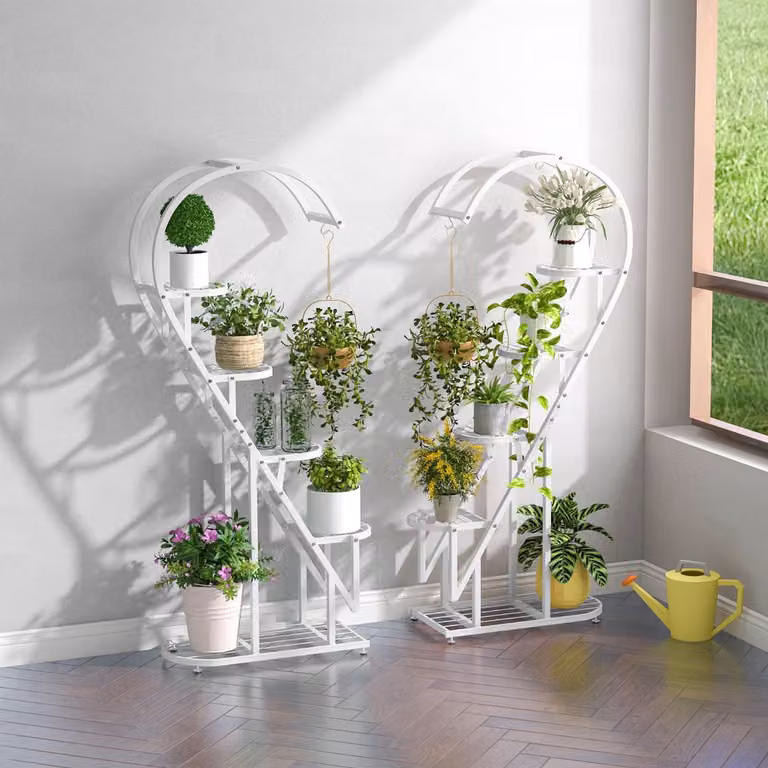 Costway Set di 2 Scaffali per Piante in Metallo a 5 Livelli con Design a Cuore e Ganci, Colore Bianco Opaco per Soggiorno e Giardino