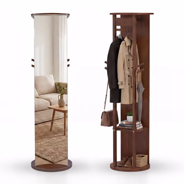 Costway Appendiabiti Girevole a 360 con Specchio Intero e Ripiani, Mobile da Ingresso e Camera da Letto in Legno Marrone, L: 34 cm, H: 163 cm