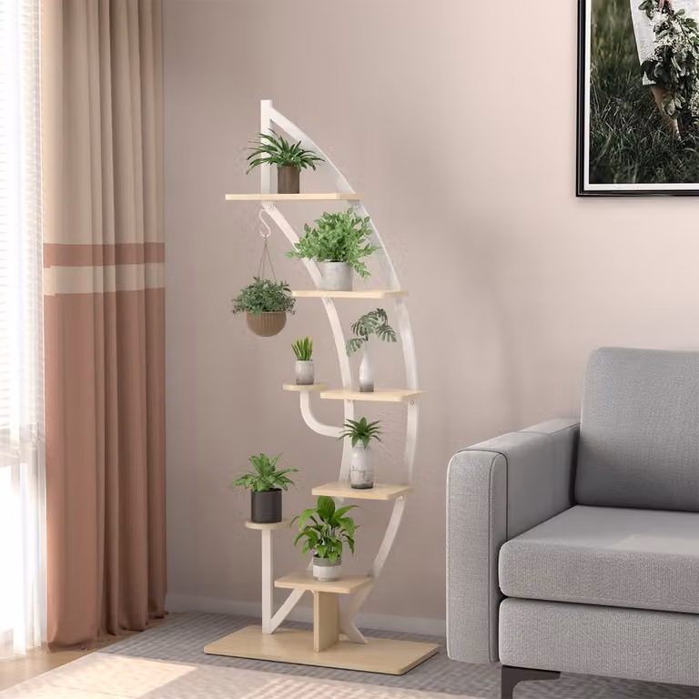 Scaffale per piante Costway in metallo a 7 livelli con design a mezza luna curva e gancio superiore, colore bianco