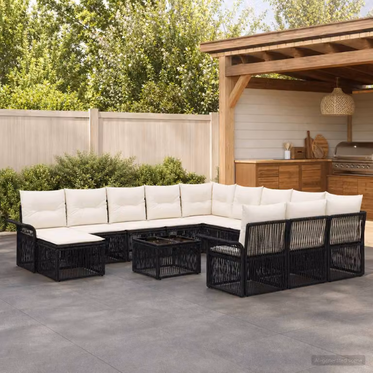 Set Divano da Giardino vidaXL 13 pz a forma a U in Polyrattan con Cuscini Nero e Bianco Crema