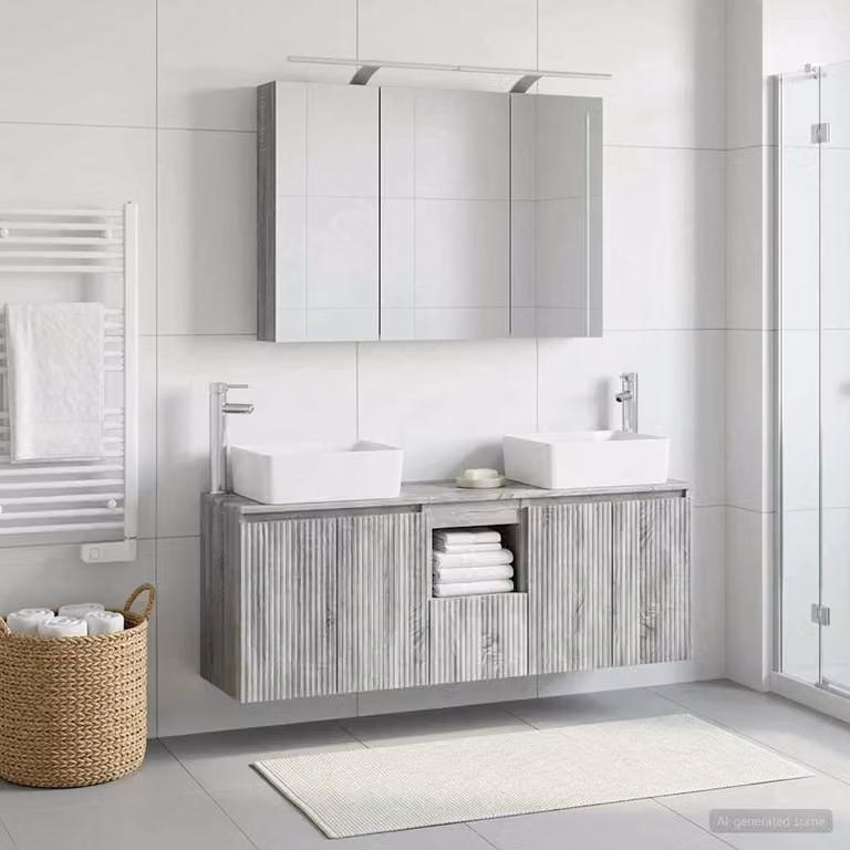 Set di 4 mobili da bagno moderni vidaXL in legno ingegnerizzato grigio opaco con vanità, armadi a muro e specchio con illuminazione LED