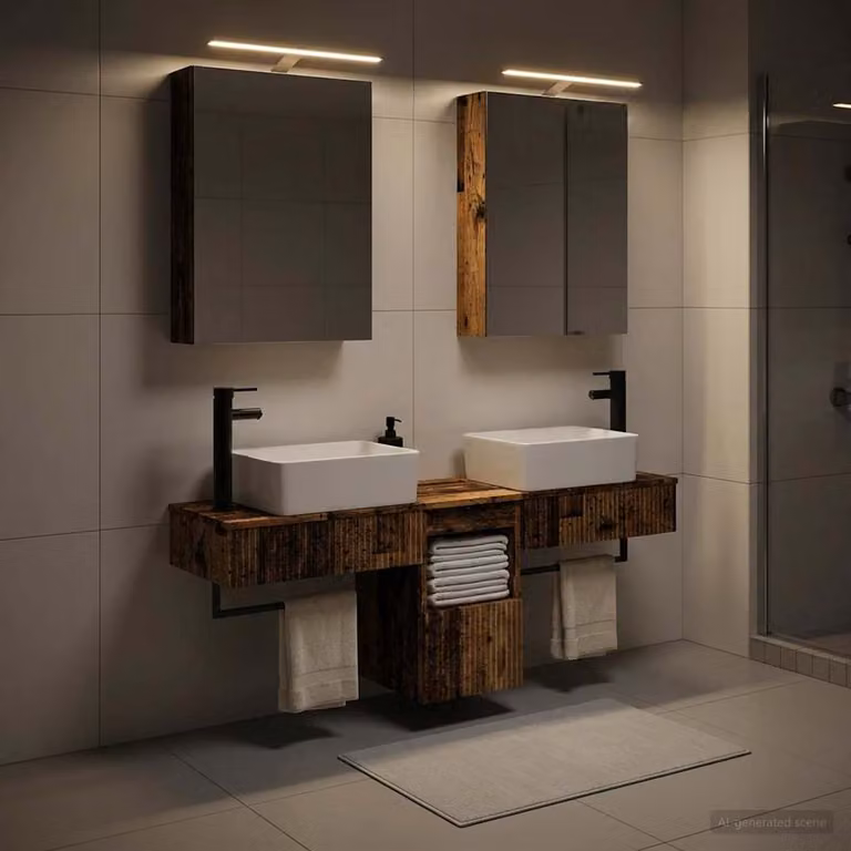 Set di 5 mobili da bagno moderni vidaXL in legno marrone con illuminazione LED e specchio
